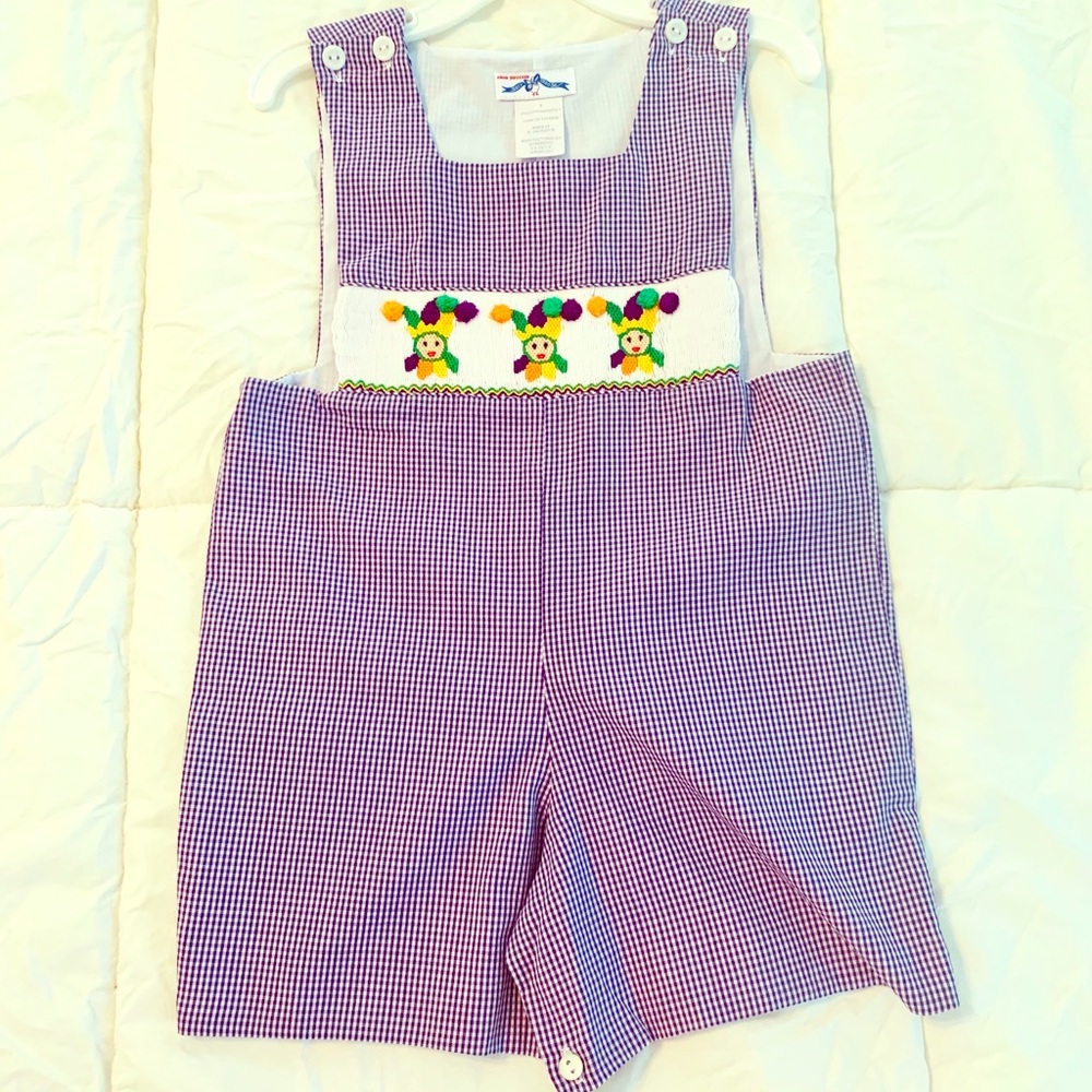 NWOT Hand smocked Mardi Gras shortall